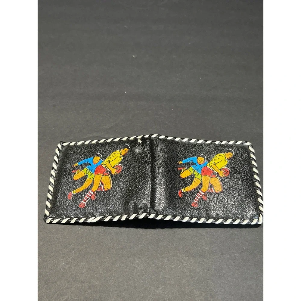 Vintage Rugby Football Graphic Bifold Wallet Black White Whipstitch Sporty